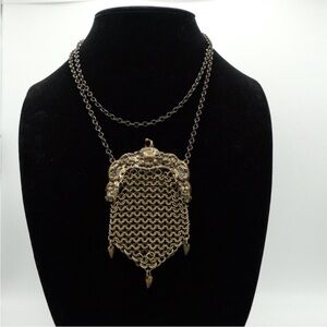 Antique Victorian Metal Mesh Coin Purse Necklace •1800s • Ornate Floral Frame